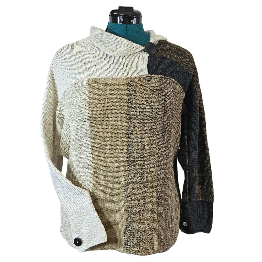 Nika Sweater Womens One Size Tan Cream Colorblock Knit Asymmetric Button Boho